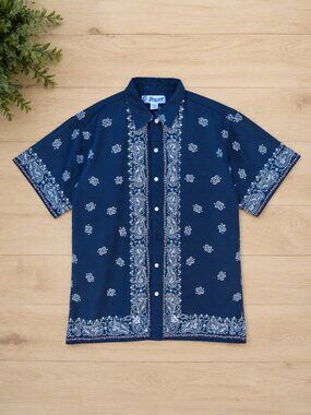 Utility Navy Blue Paisley Bandana Print Short Sleeve Button-Up Shirt - L